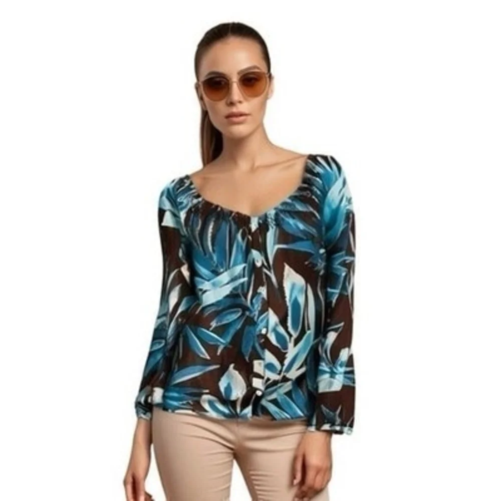 Tommy Bahama Silk Cotton Off Shoulder Blouse XXS Blue Brown Plants Top $138 NWT - Picture 3 of 11